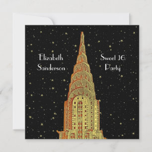 Gold Chrysler Bldg Skyline #2 Starry Sweet 16 SQ Invitation