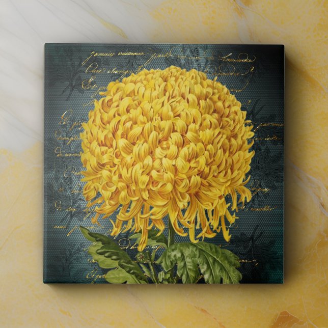 Gold Chrystanthemum on Teal Damask and Handwriting Tile (Creator Uploaded)