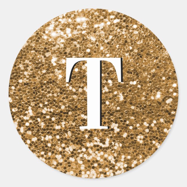 Gold Chunky Glitter Monogrammed Classic Round Sticker (Front)