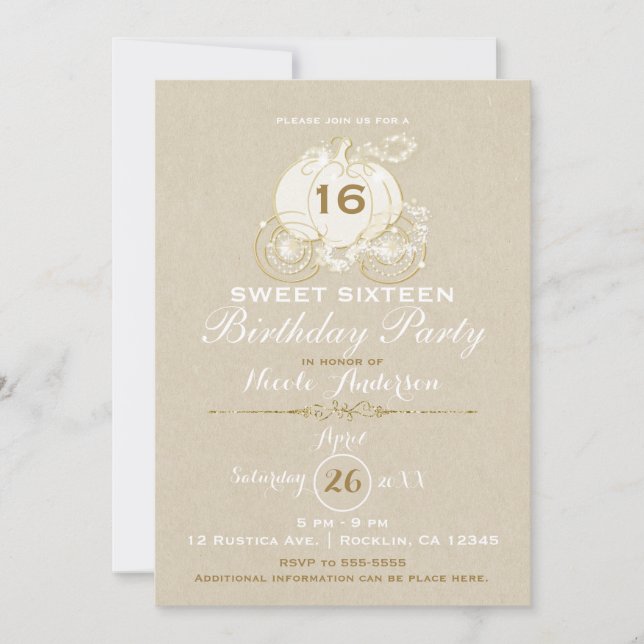 Gold Cinderella Carriage Kraft Sweet 16 Birthday Invitation (Front)