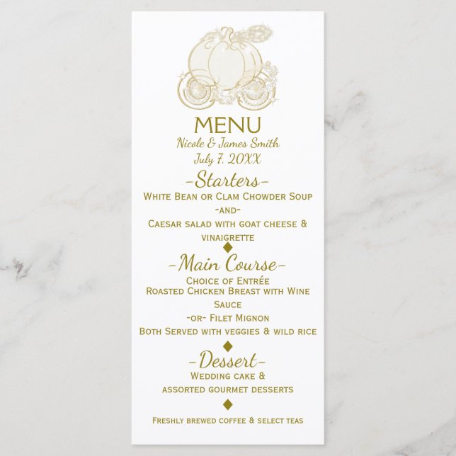 Gold Cinderella Carriage Princess Fairy Tale Menu (Front)