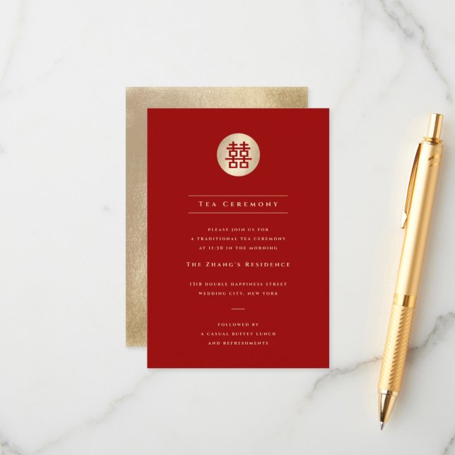 Gold Circle Double Happiness Chic Chinese Wedding Enclosure Card (Front/Back In Situ)