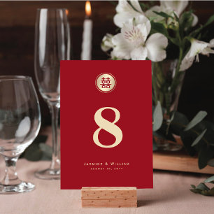 Gold Circle Double Happiness Red Chinese Wedding Table Number