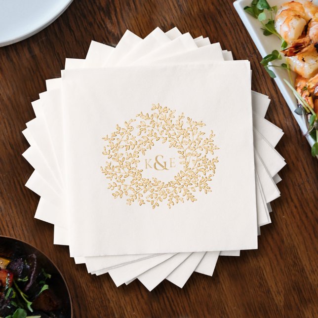 Gold circle of leaves wedding monogram custom foil napkins (Creator Uploaded)