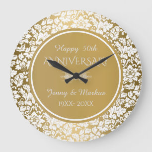 Gold Circle White Damask- 50th Anniversary Large Clock