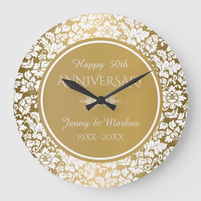 Gold Circle White Damask- 50th Anniversary Large Clock (Front)
