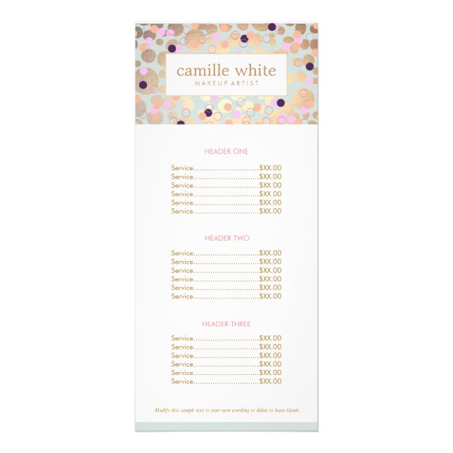 Gold Circles and Confetti Pattern Beauty Salon Rack Card (Front)
