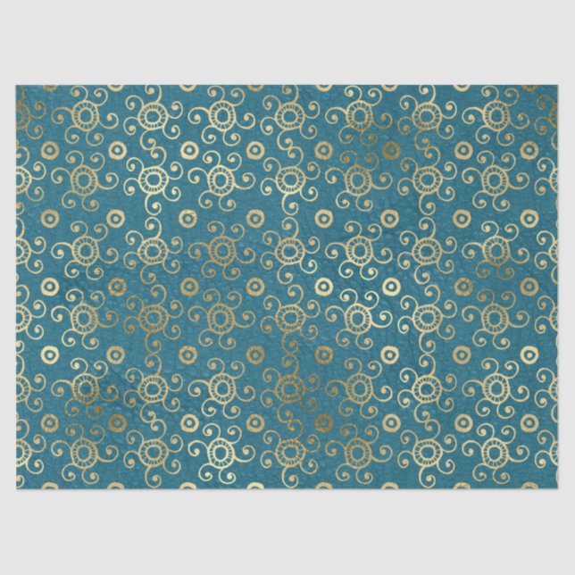 Gold Circles and Swirls on Teal Decoupage Tissue Paper (Front)