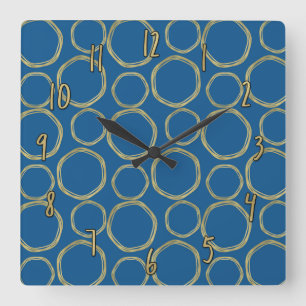 Gold Circles & Bright Blue Modern Trendy Chic Square Wall Clock