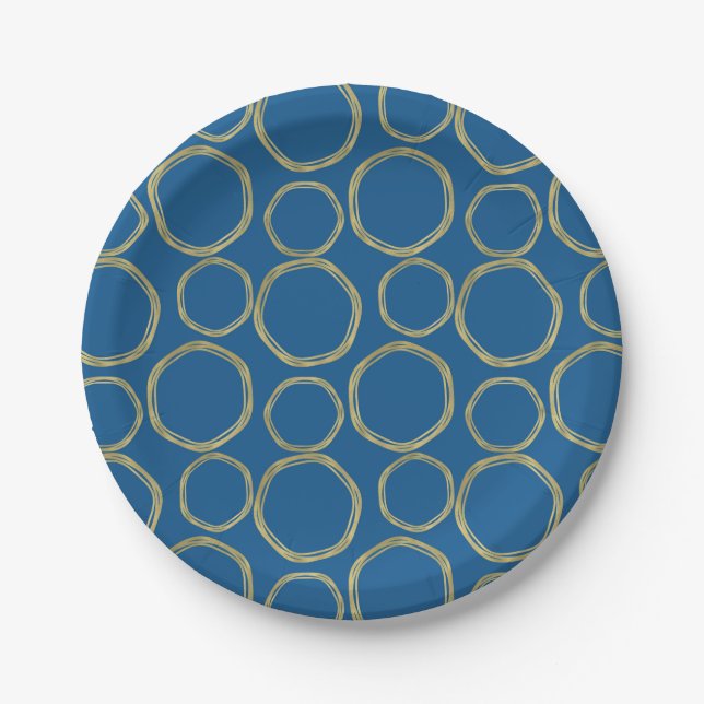 Gold Circles & Bright Blue Modern Trendy Paper Plate (Front)
