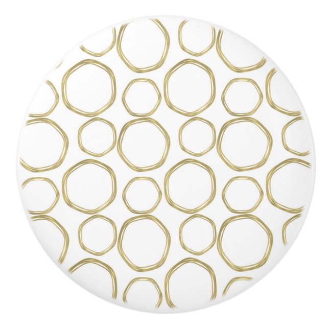 Gold Circles & Chic White Modern Trendy Mod Ceramic Knob (Front)