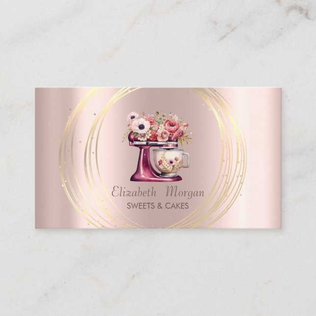 Gold Circles Glitter Red Mixer Flowers Rose Gold Business Card (Front)