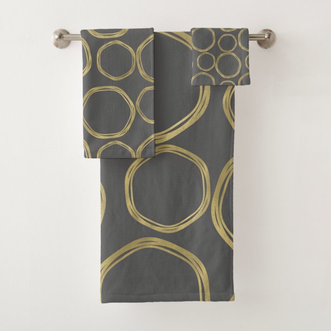 Gold Circles & Grey Modern Trendy Bath Towel Set (Insitu)