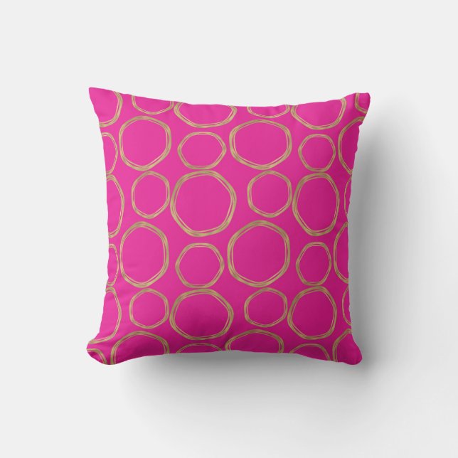Gold Circles & Hot Pink Bright Bold Modern Trendy Throw Pillow (Front)