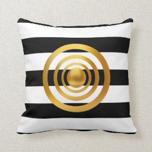 Gold Circles on Black and White Striped Throw Pillow