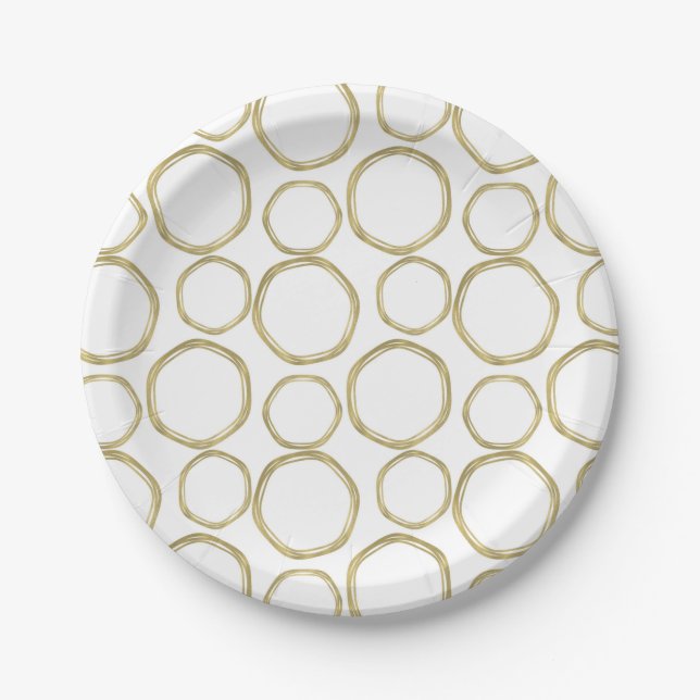 Gold Circles On White Modern Trendy Paper Plate (Front)