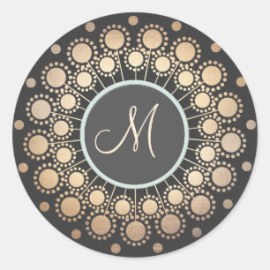 Gold Circles Ornate Monogrammed Black Classic Round Sticker