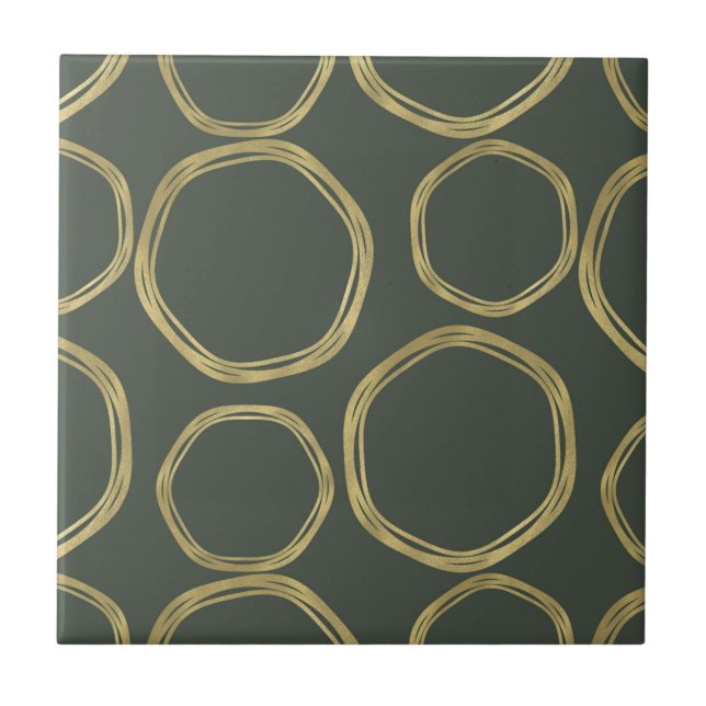 Gold Circles & Rustic Olive Green Chic Modern Tile (Front)