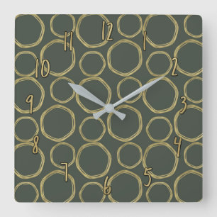 Gold Circles & Rustic Olive Green Modern Chic Square Wall Clock