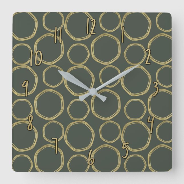 Gold Circles & Rustic Olive Green Modern Chic Square Wall Clock (Front)