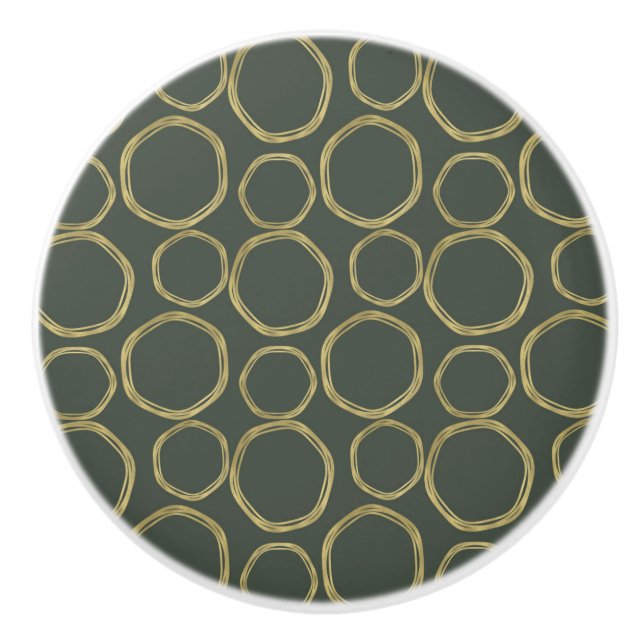 Gold Circles & Rustic Olive Green Modern Mod Ceramic Knob (Front)