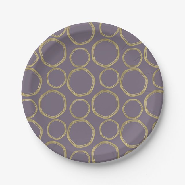 Gold Circles & Rustic Taupe Purple Modern Trendy Paper Plate (Front)