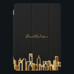 Gold city skyline black business real estate name iPad pro cover<br><div class="desc">A black background,  with a faux gold city skyline as decor. Template for your name,  golden letters. The name is written with a modern and trendy hand lettered style script.
  
Perfect for real estate agents!

This case is also available in our store with a business,  company logo.</div>