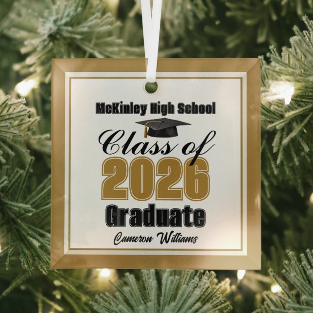 Gold Class of 2026 Graduation Custom Christmas Glass Ornament (Insitu)