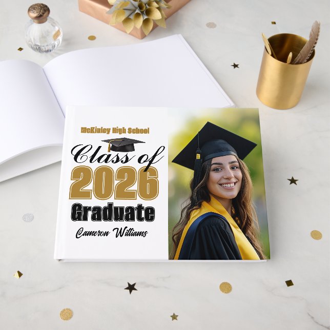 Gold Class of 2026 Graduation Photo Guest Book (Front Open)