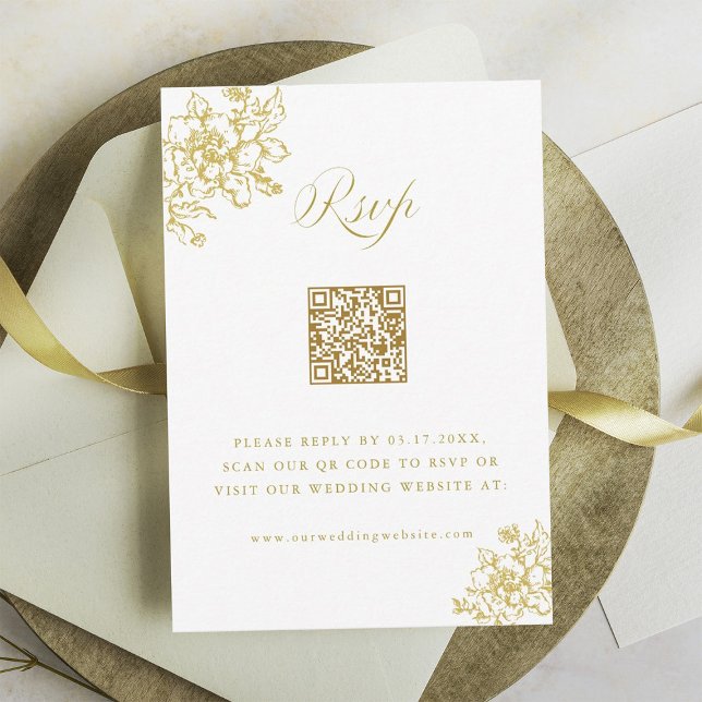 Gold Classic Bloom Garden Wedding QR Code RSVP Card (Creator Uploaded)