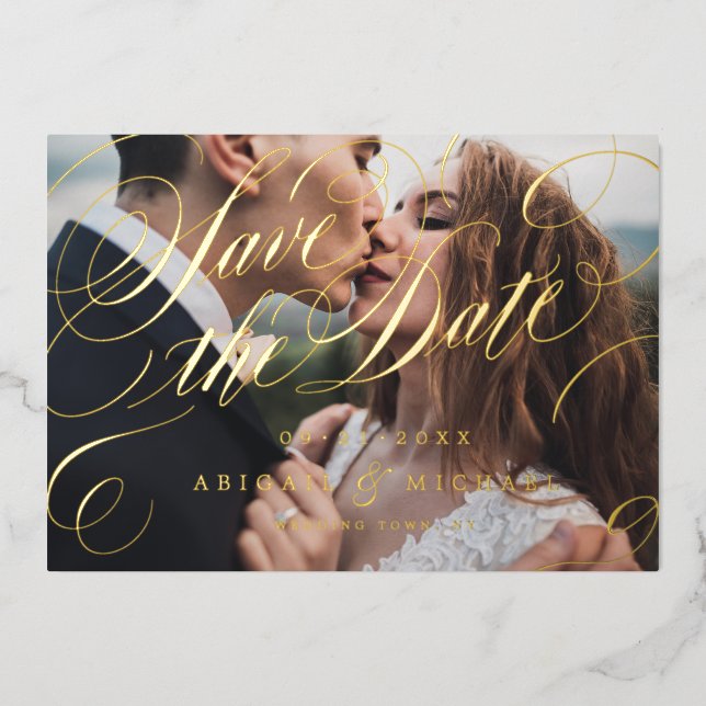Gold classic calligraphy photo save the date (Front)