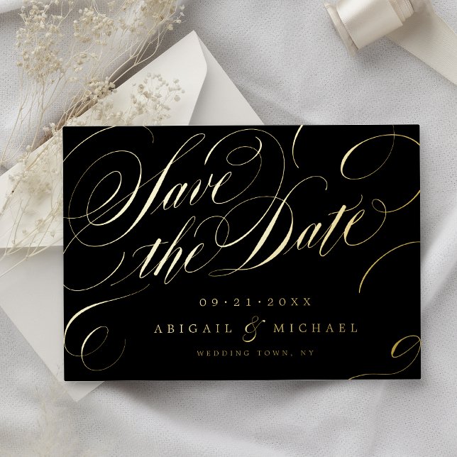 Gold classic calligraphy vintage save the date (black and Gold classic calligraphy vintage save the date foil invitation)