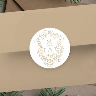 Gold Classic Floral Crest Monograms Round Sticker