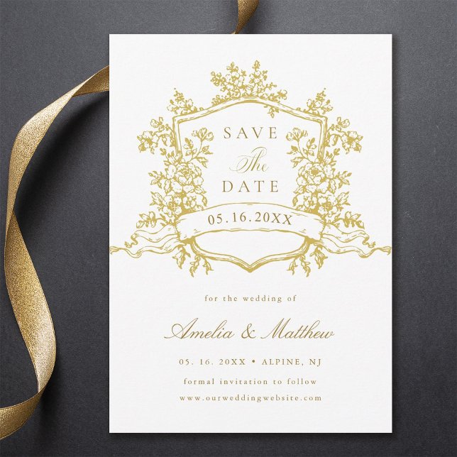 Gold Classic Floral Crest Wedding  Save The Date (Creator Uploaded)