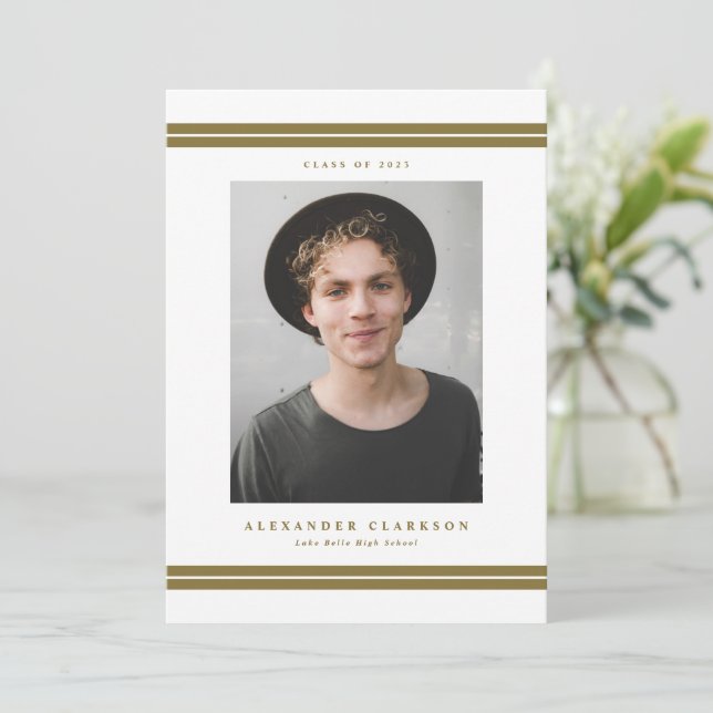 Gold Classic Stripes Modern Photo Graduation Announcement (Standing Front)