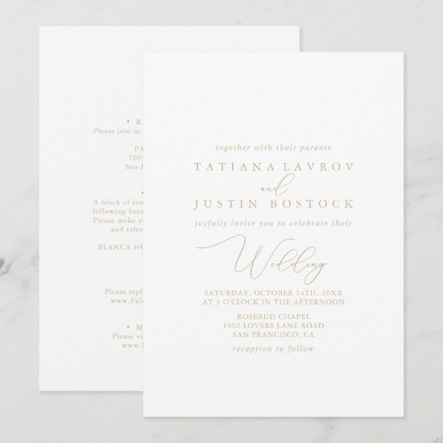 Gold Classy Chic Minimalist Front & Back Wedding   Invitation (Front/Back)