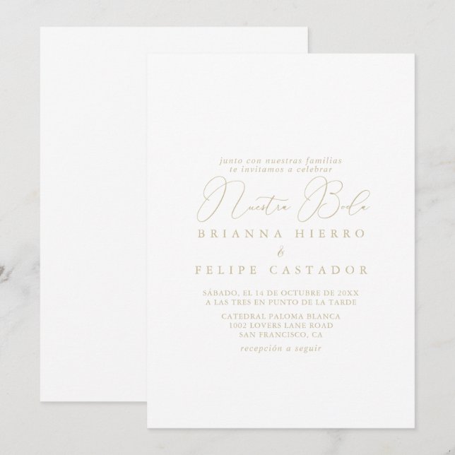 Gold Classy Chic Minimalist Nuestra Boda Wedding   Invitation (Front/Back)