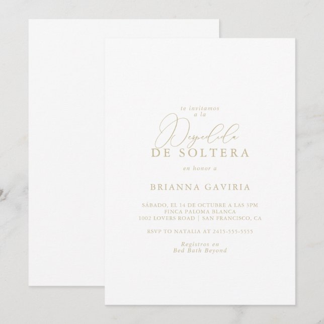 Gold Classy Chic Minimalist Spanish Bridal Shower Invitation (Front/Back)