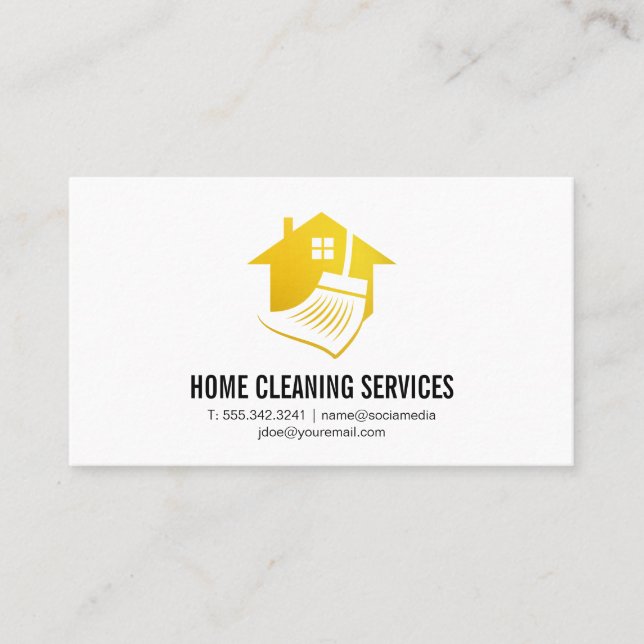 Gold Cleaning House Broom Logo Business Card (Front)