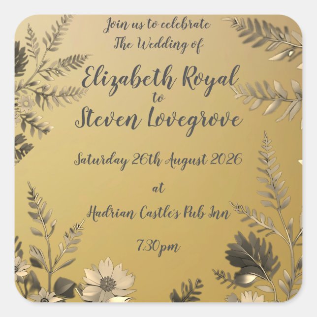 Gold Clear & Simple Light Floral Design Wedding Square Sticker (Front)
