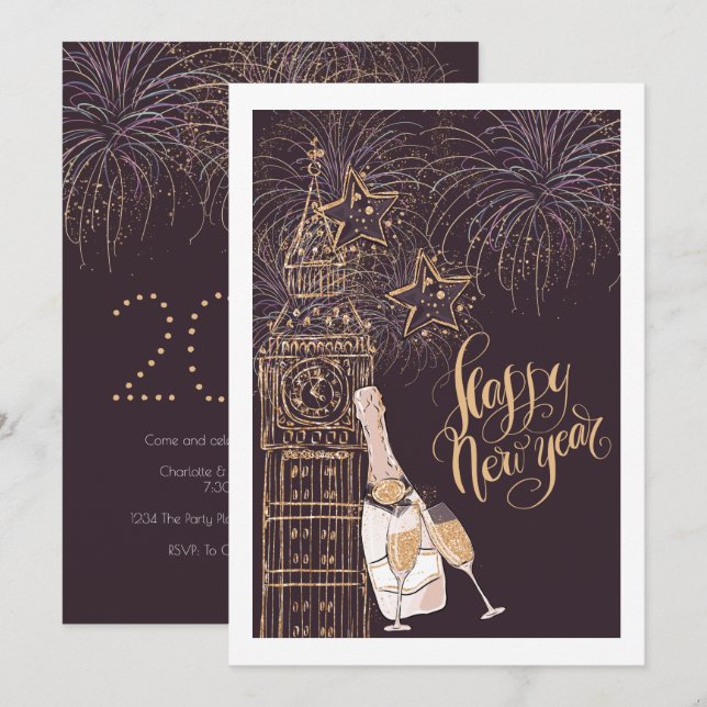 Gold Clock Happy New Year Invitation (Front/Back)
