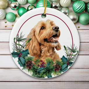 Gold Cockapoo Dog Evergreen Wreath Ceramic Ornament