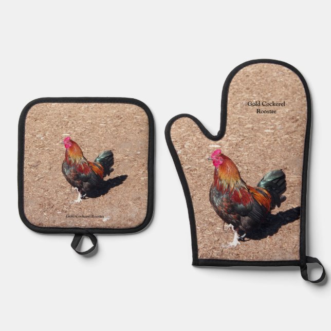 Gold Cockerel Rooster Oven Mitt and pot holders Oven Mitt & Pot Holder Set (Front)