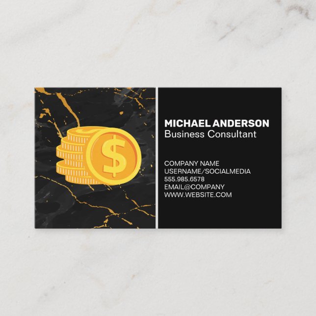 Gold Coins Currency | Black Marble Business Card (Front)