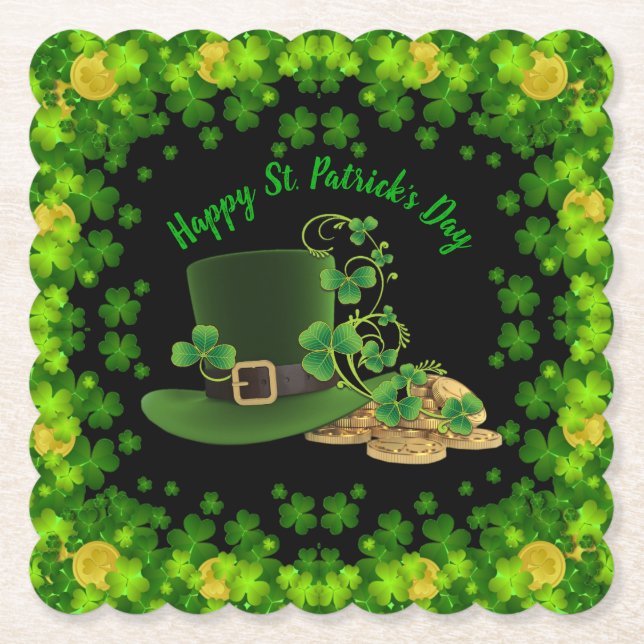 Gold Coins & Shamrocks St. Patrick's Day Paper Coaster (Front)