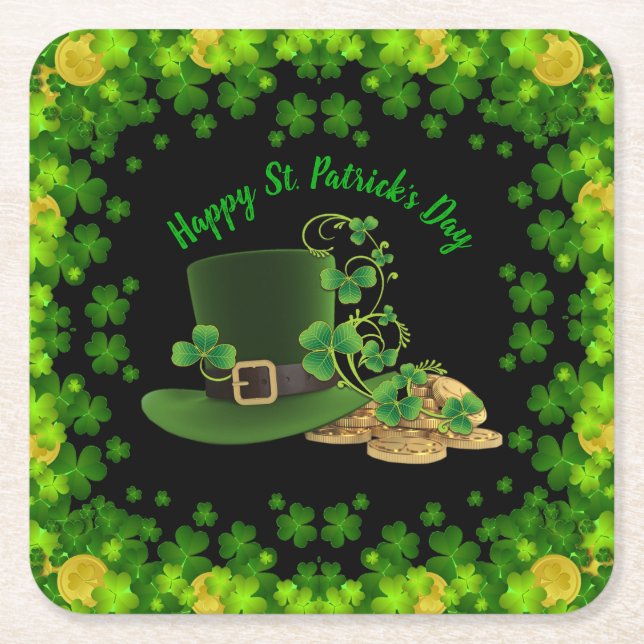 Gold Coins & Shamrocks St. Patrick's Day Square Paper Coaster (Front)