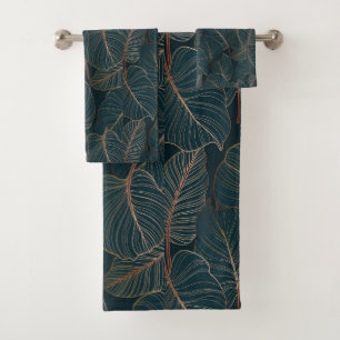 Gold colocasia palm leaves tropical plant pattern bath towel set