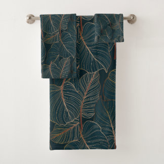 Gold colocasia palm leaves tropical plant pattern bath towel set