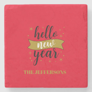 Gold Color Red Happy New Year Merry Christmas Stone Coaster