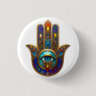 Gold Colorful Hamsa Turquoise Sapphire Third Eye 1 Inch Round Button
